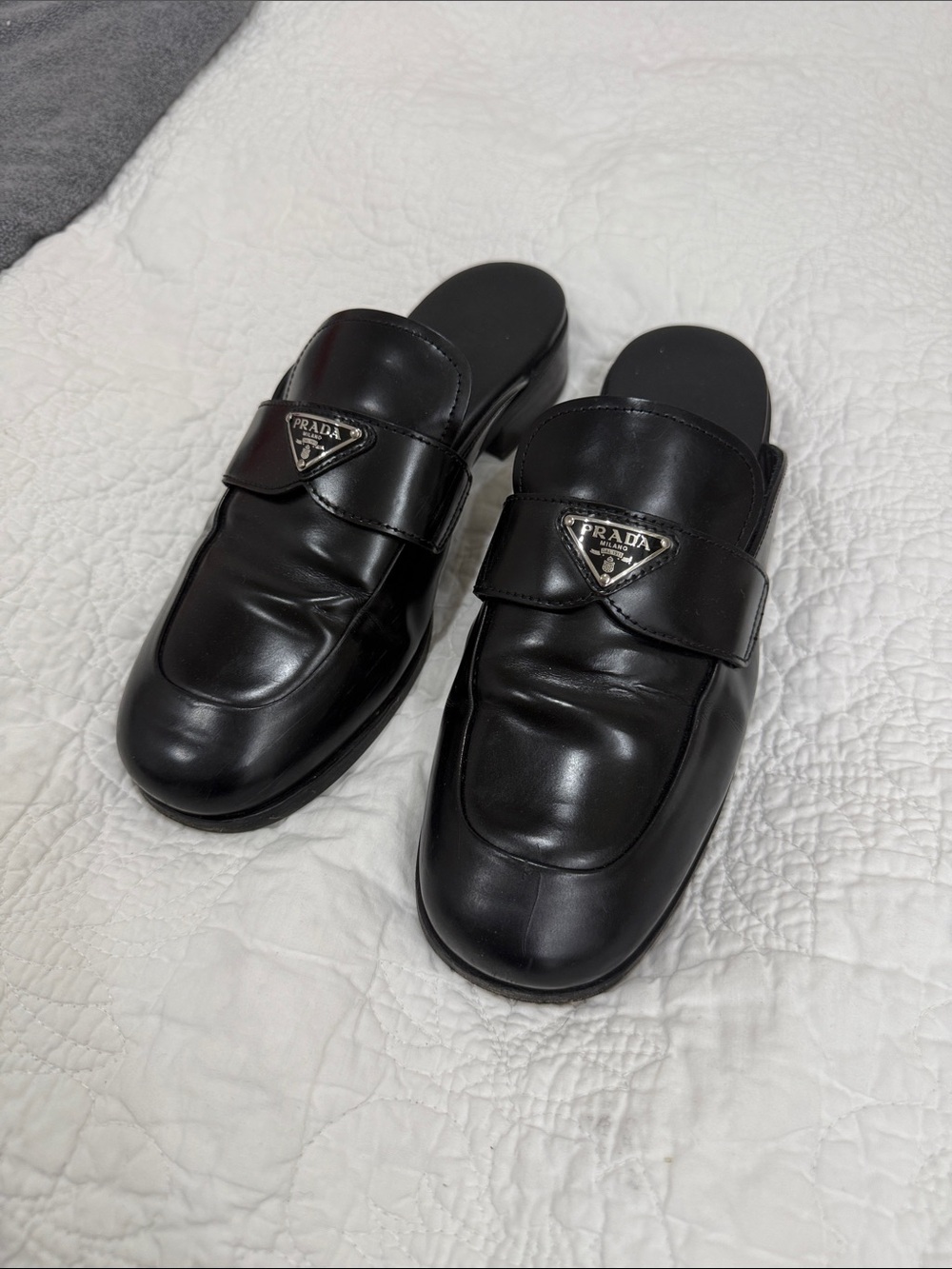 Prada Black Leather Slip-On Mule Loafers with Triangle Logo